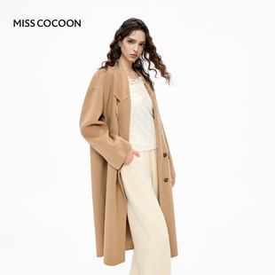 MISSCOCOON翻领落肩羊毛大衣通勤双排扣外套含山羊绒3色秋冬款