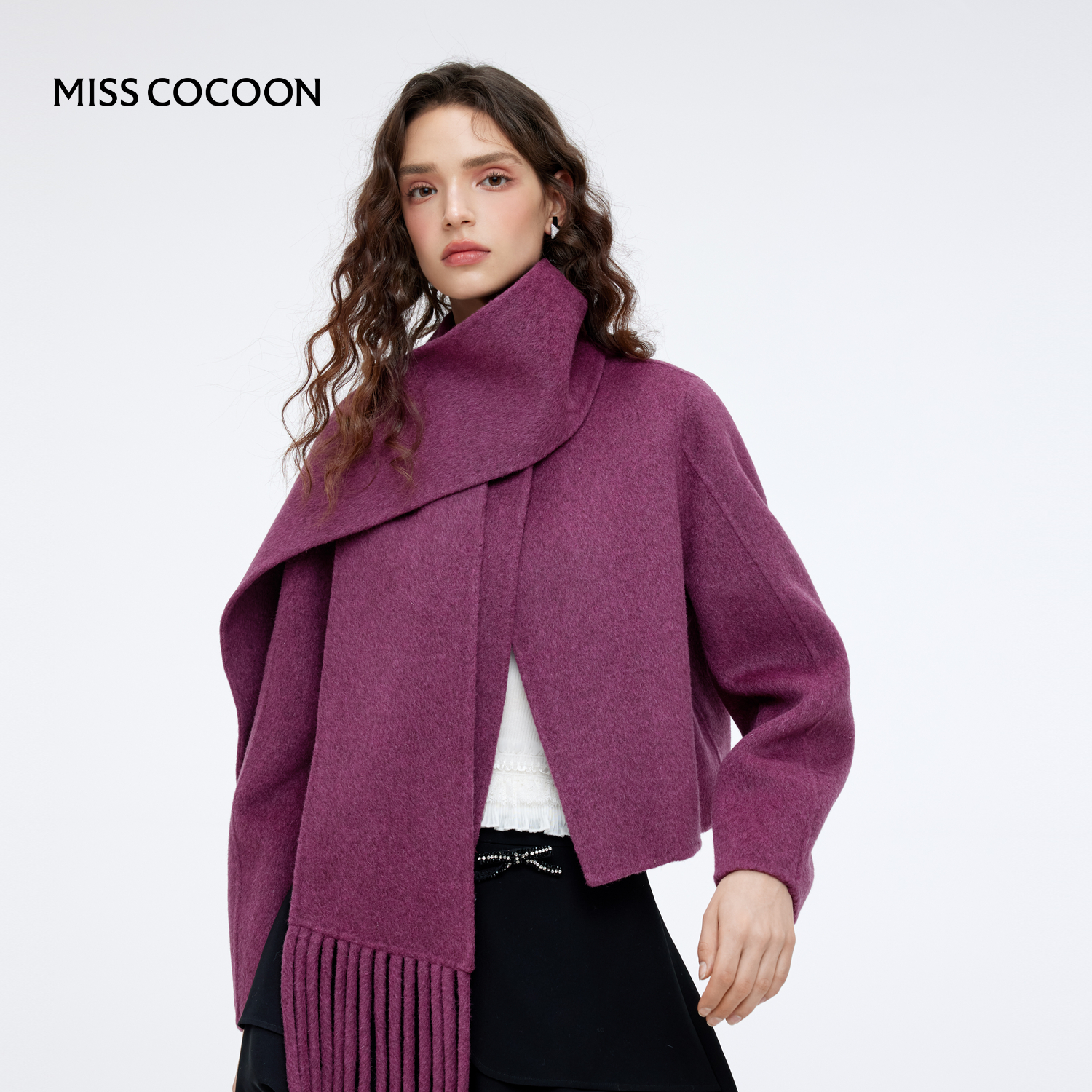 MISSCOCOON羊驼毛围巾领毛呢外套