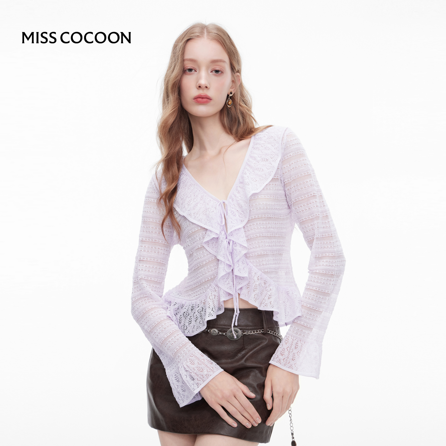 MISSCOCOON浪漫紫荷叶边系带针织开衫喇叭袖口25秋新款