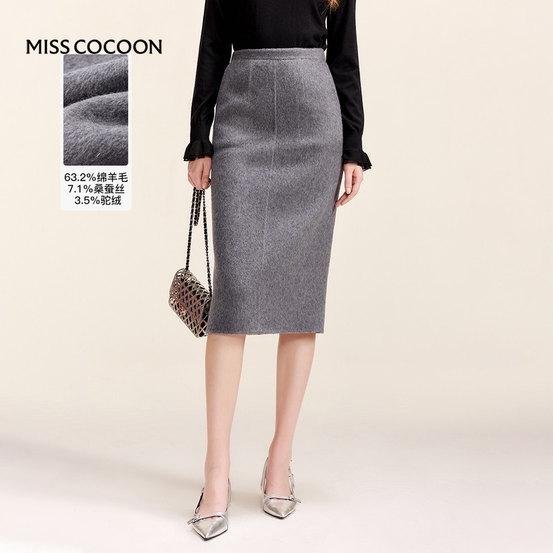 MISSCOCOON格雷灰桑蚕丝羊毛半裙后开叉直筒裙含驼绒秋冬款,女装/女士精品,半身裙,淘宝优惠券,粉丝福利购,淘宝优惠卷