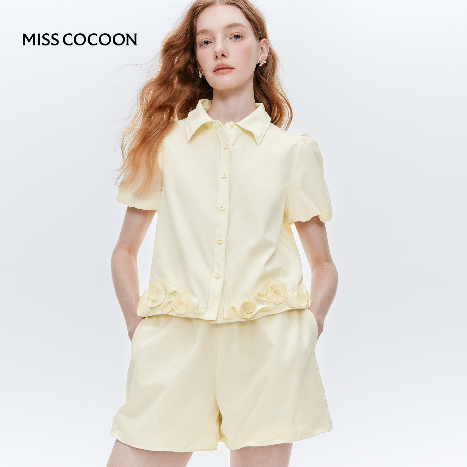MISSCOCOON玫瑰塑型泡芙袖衬衫短裤套装嫩黄色25夏新款