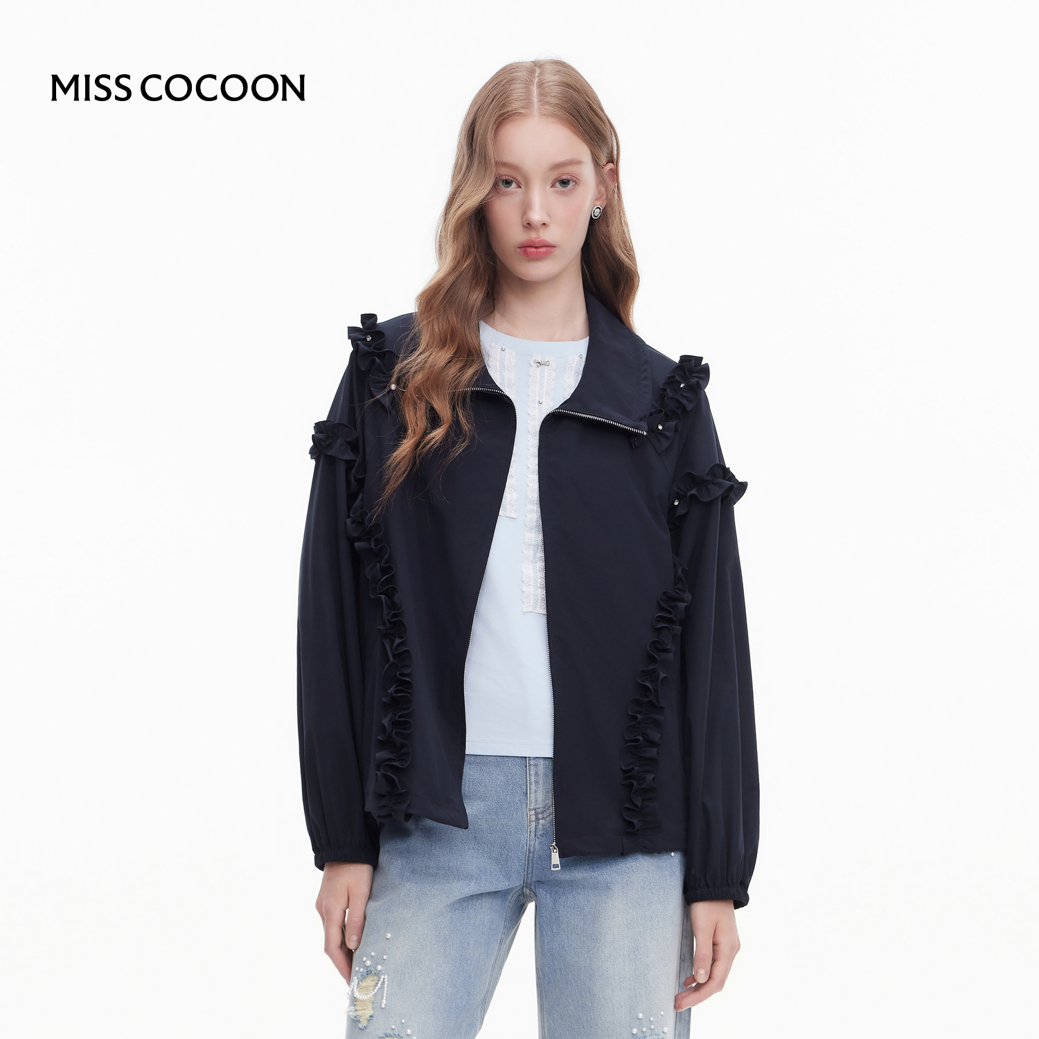 MISSCOCOON藏青色夹克上衣盐系木耳边外套25秋新款