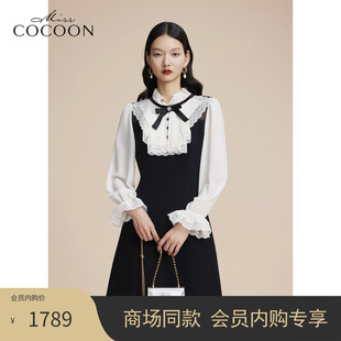 COCOON商场同款 蕾丝撞色拼接蝴蝶结连衣裙秋款