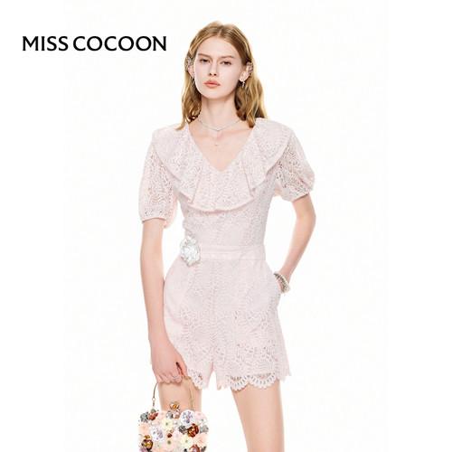 MISSCOCOON法式镂空蕾丝V领荷叶边连体裤夏新款