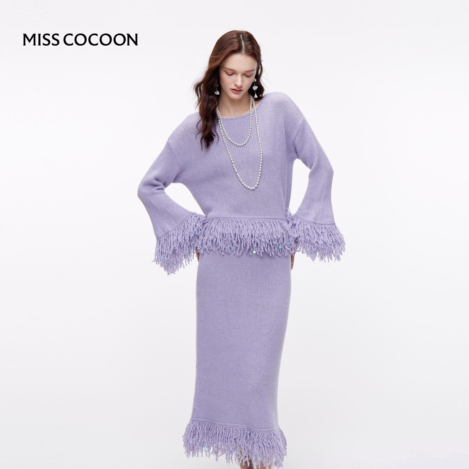 MISSCOCOON流苏毛衣紫色圆领绵羊毛针织衫25冬新款