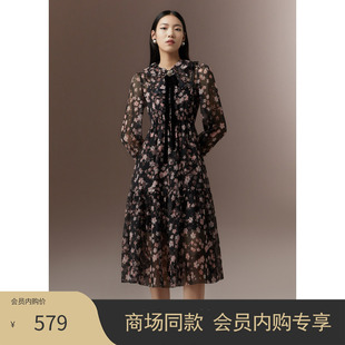 COCOON商场同款法式浪漫蝴蝶结碎花连衣裙秋冬