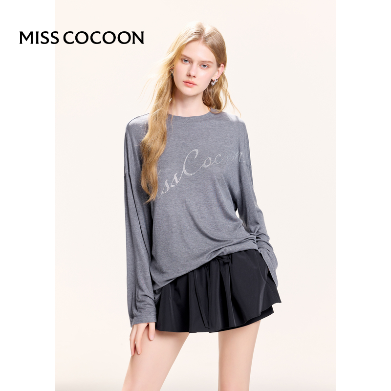 MISSCOCOON莱赛尔桑蚕丝长袖T恤字母烫钻宽松休闲上衣秋款