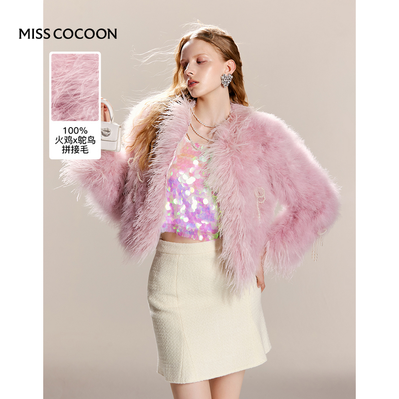 MISSCOCOON名媛风火鸡毛鸵鸟毛皮草缎感门襟珍珠蝴蝶结外套冬款