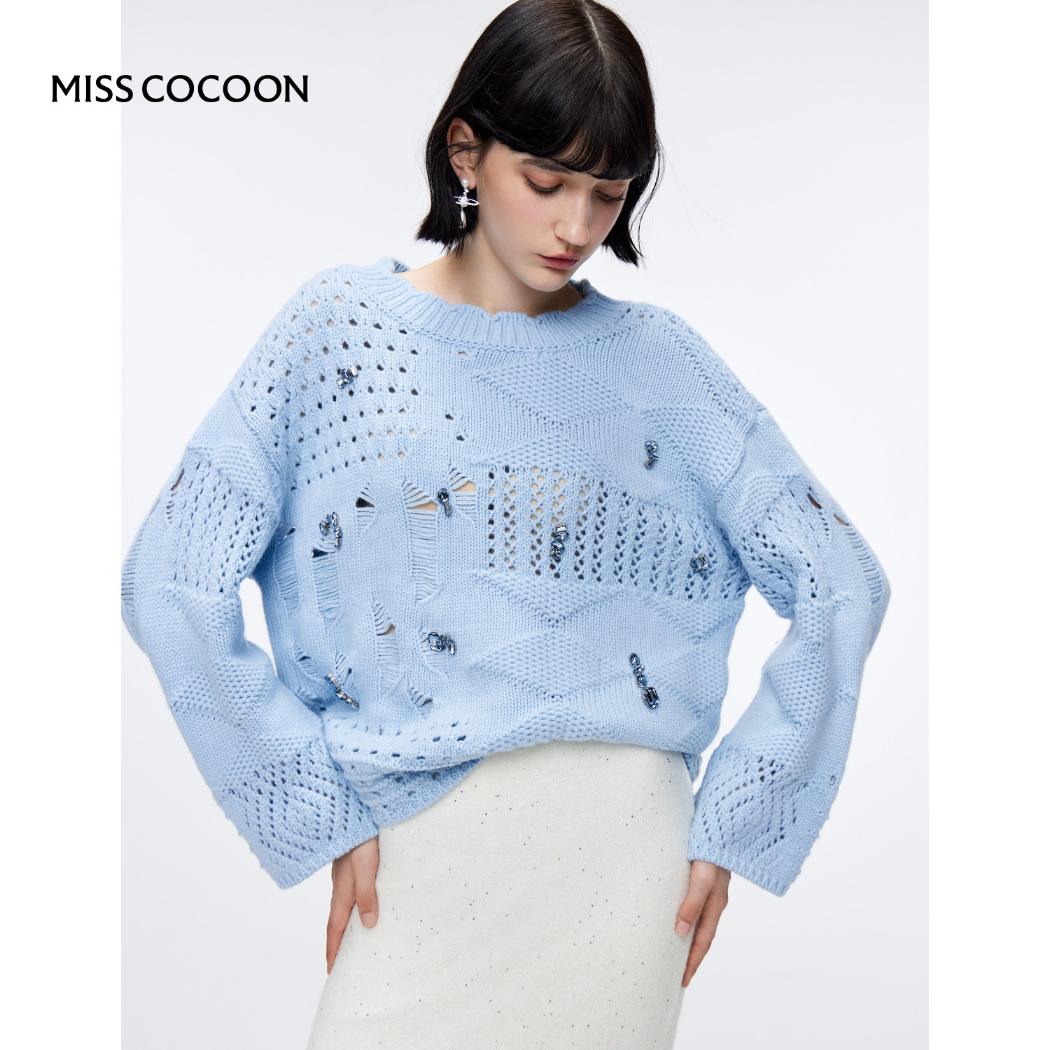 MISSCOCOON蓝色镂空绞花编织羊毛针织衫宽松设计感毛衣