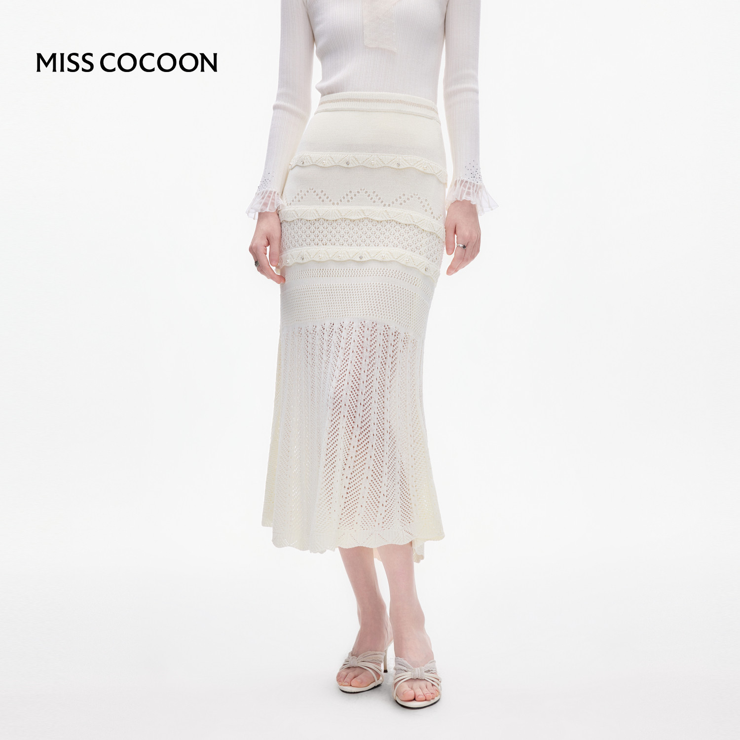 MISSCOCOON白色针织裙半裙复古镂空鱼尾裙春新款,女装/女士精品,半身裙,淘宝优惠券,粉丝福利购,淘宝优惠卷