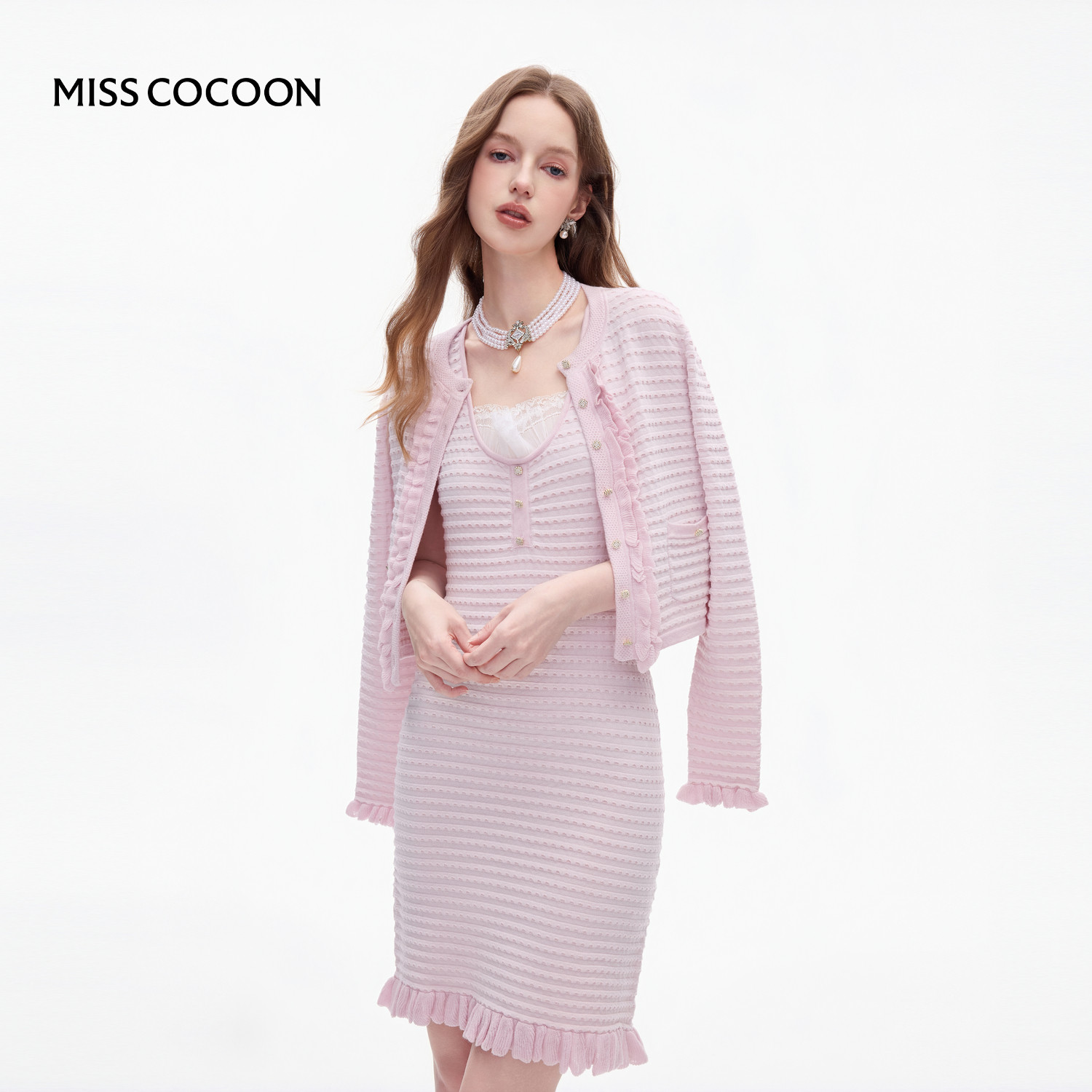 MISSCOCOON小香风粉紫色羊毛针织套装荷叶边开衫背心裙早春
