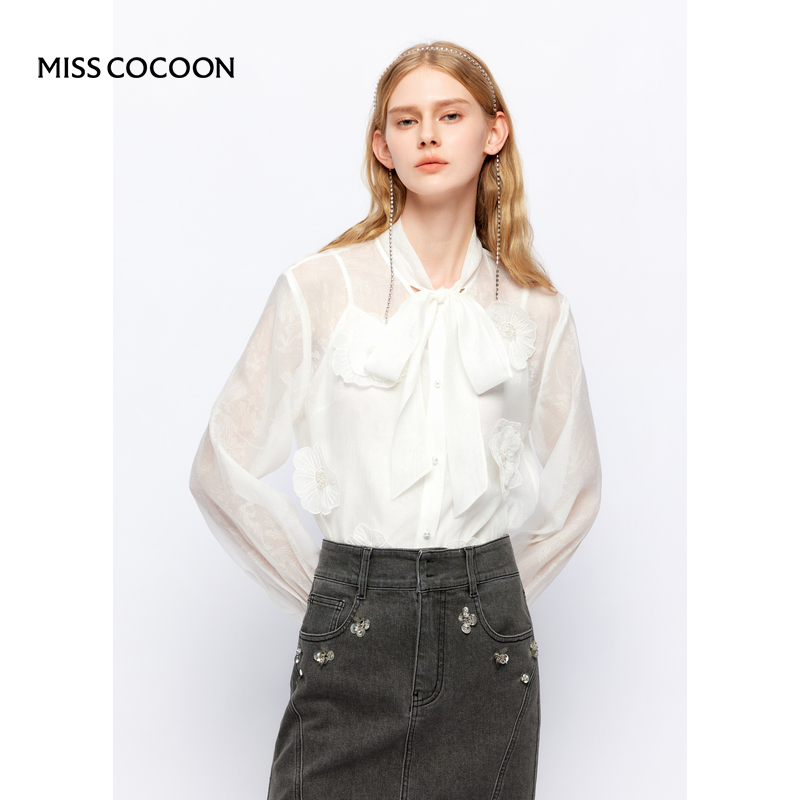 MISSCOCOON浪漫欧根纱提花蝴蝶结飘带衬衫