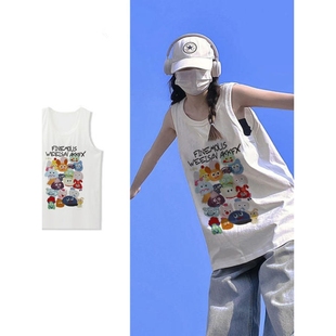 t恤女夏季 纯棉吊带运动坎肩背心无袖 外穿篮球服宽松港风挂脖上衣