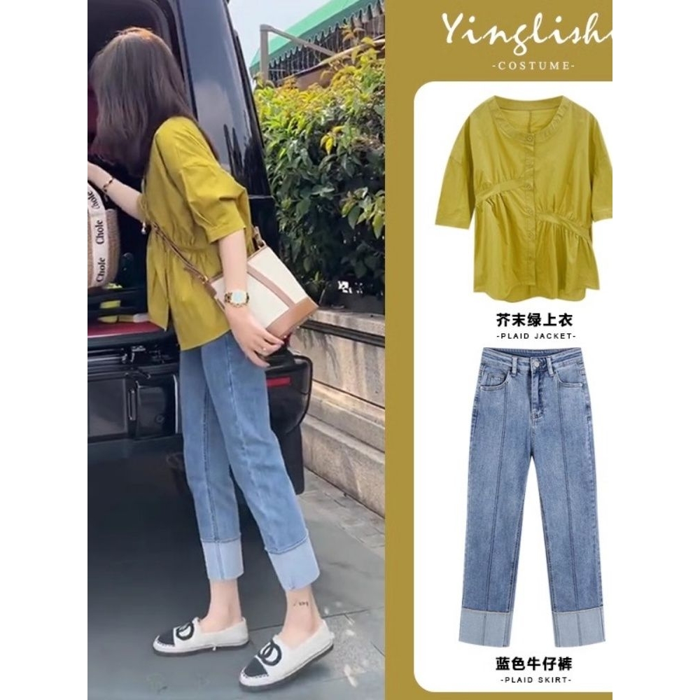 夏季女装盐系穿搭微胖港味御姐炸街轻熟风上衣高级感短袖两件套装