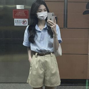 宽松百搭Polo领上衣职业正装 蓝色衬衫 新款 女短袖 纯色简约衬衣 夏季