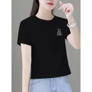 宽松显瘦纯色上衣 黑色短袖 t恤女2025夏季 新款 正肩高腰小个子短款