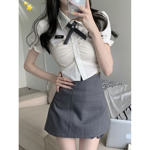 女高级感泡泡袖 掐腰甜辣小上衣短袖 白衬衫 jk制服套装 短款 夏季 法式