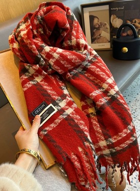 法国BGCG高端羊绒围巾冬季新年红色格子保暖围脖百搭加厚披肩两用