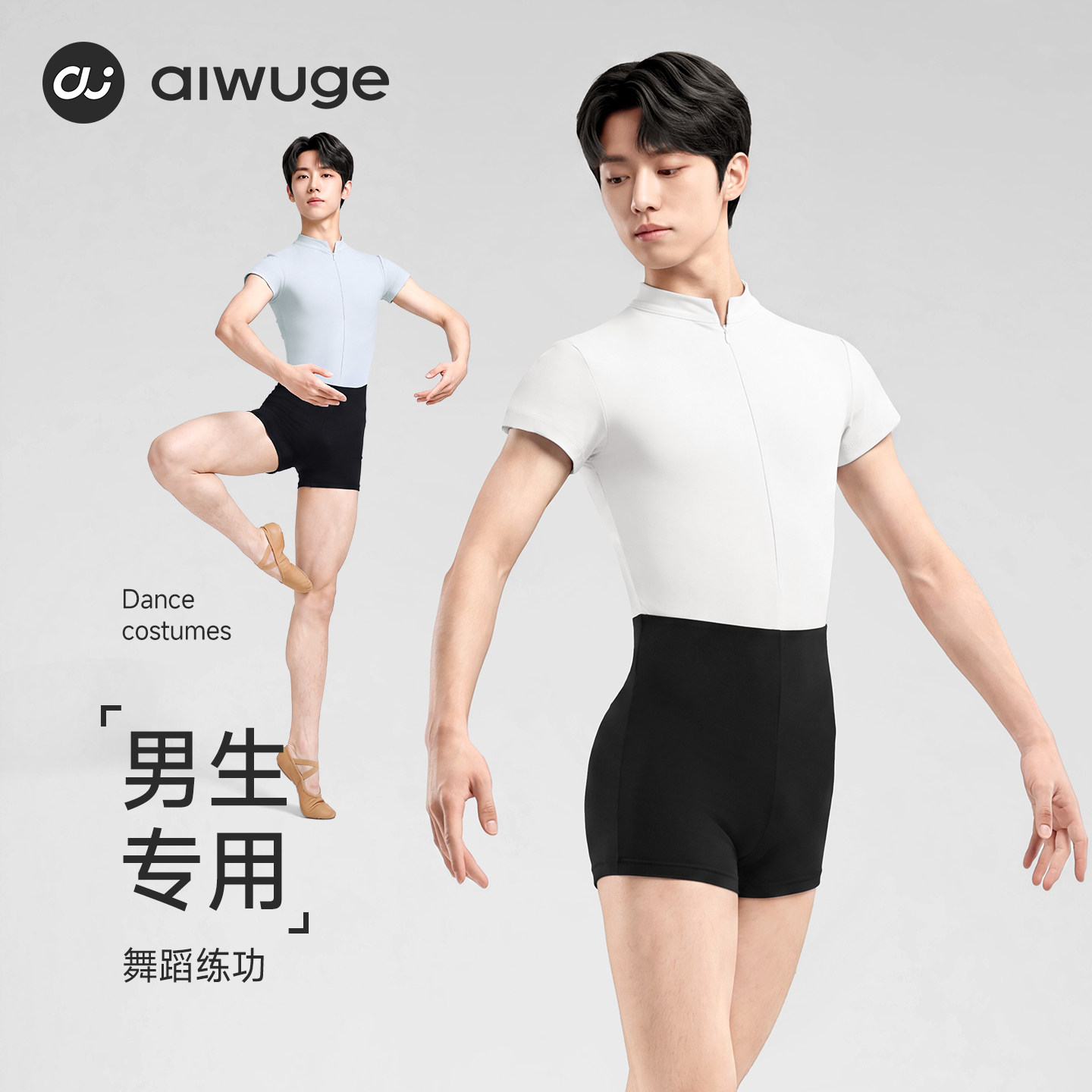 艾舞戈舞蹈服男生芭蕾舞短袖立领连体服练功服男款艺考基训形体服