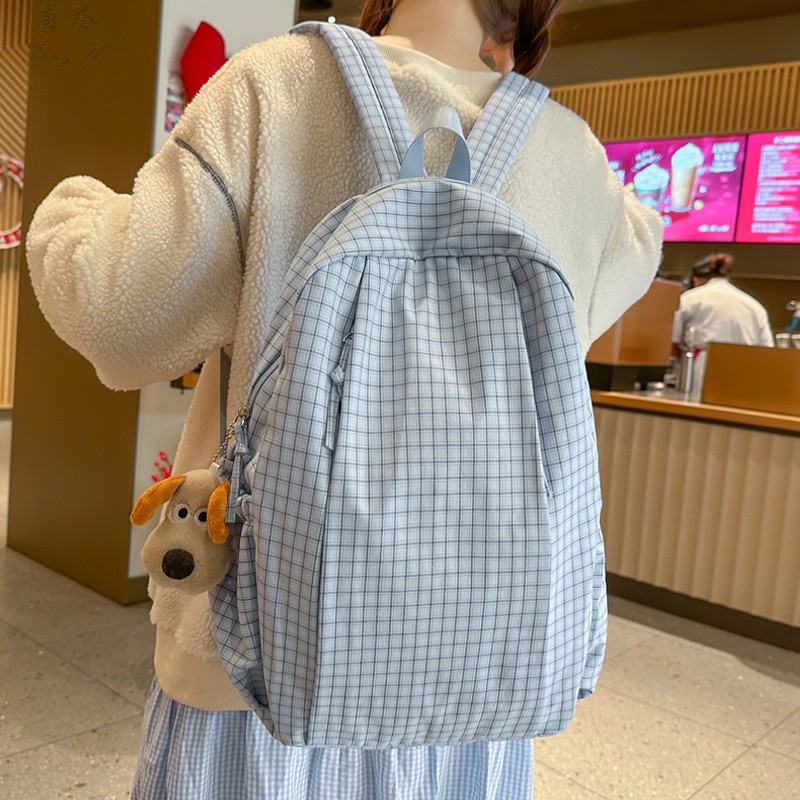 小清新书包女大学生格子轻便背包