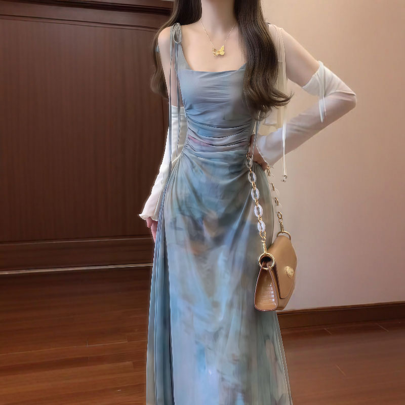 thumbnail for National style retro sense of luxury, super good-looking, butterfly oil painting, printed sundress, knitted cardigan two-piece set, summer 2025