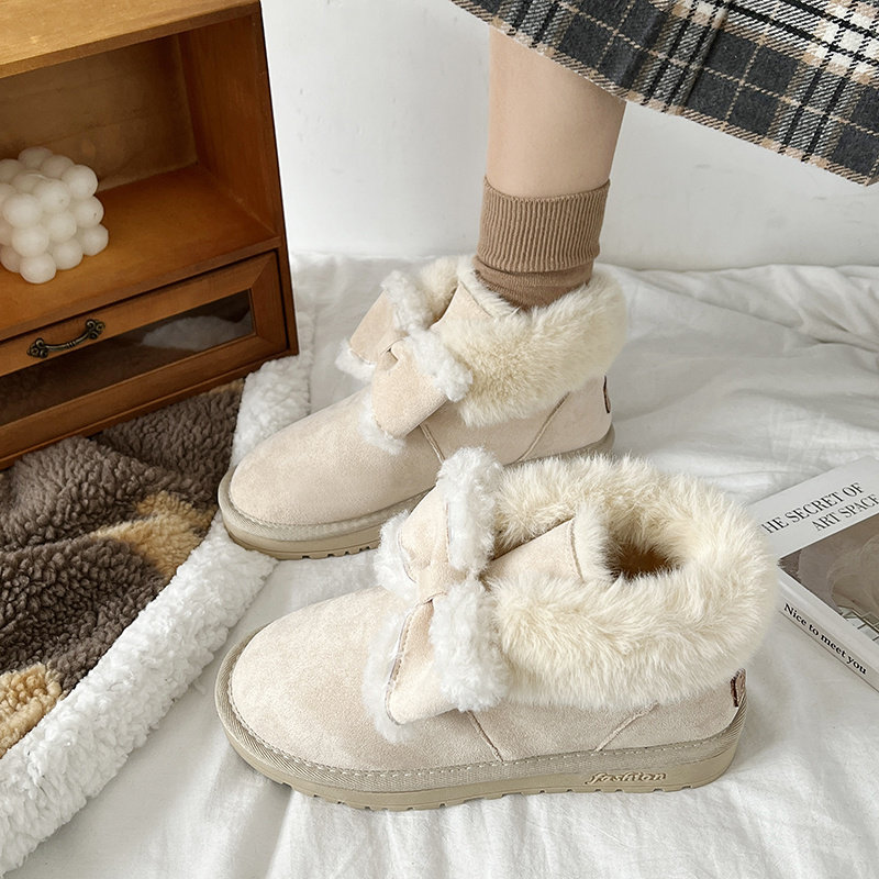 少女雪地靴女可爱蝴蝶结2021冬季新款加绒加厚学生保暖棉鞋一脚蹬