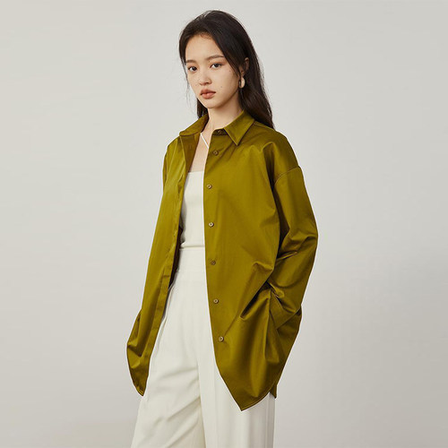时尚简约纯色修身长袖宽松衬衣女