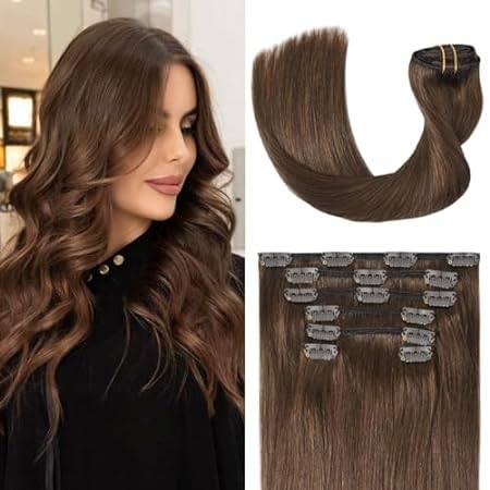 Medium Brown Hair Extensions Real Human Hair Clip in Hair