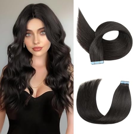 Tape in Hair Extensions Human Hair Natural Black 20 Inch