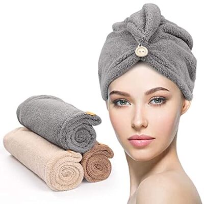 YFONG Microfiber Hair Towel 3 Pack， Hair Towel with Butto
