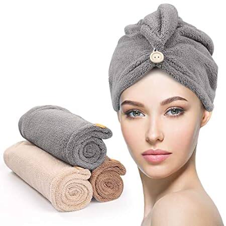 YFONG Microfiber Hair Towel 3 Pack， Hair Towel with Butto