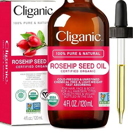 Cliganic Organic Rosehip Seed Oil for Face， 100% Pure | N
