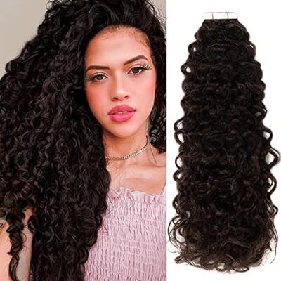 Caliee Hair Extensions Tape in Human Hair 20 Inch Curly T