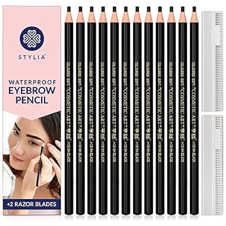 Stylia Waterproof Eyebrow Pencil Set (12 Pieces - Black)，