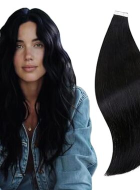 RUNATURE Tape in Hair Extensions Human Hair 16 Inches Bla
