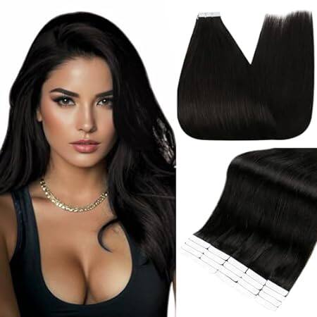 Fshine Tape in Hair Extensions Human Hair Black 18 Inch S