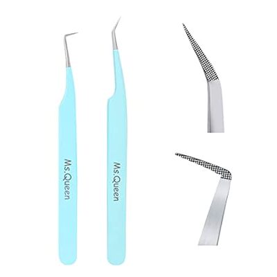 Ms.Queen Eyelash Tweezers for Extensions， 2Pcs Fiber Tip