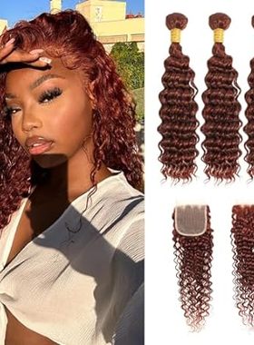 Reddish Brown Deep Wave Bundles with Closure Human Hair，