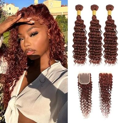 Reddish Brown Deep Wave Bundles with Closure Human Hair，