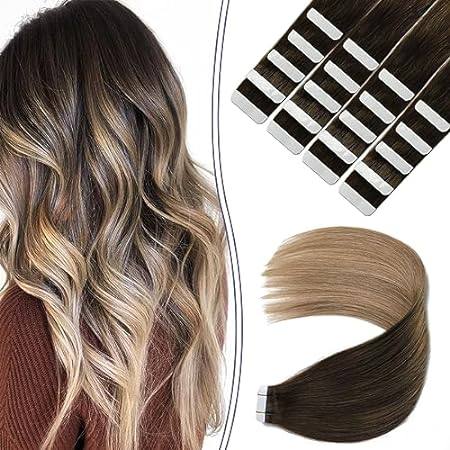 Tape in Hair Extensions Human Hair， Balayage Dark Brown t