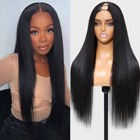 Sunber Yaki Straight V Part Human Hair Glueless Wig Upgra