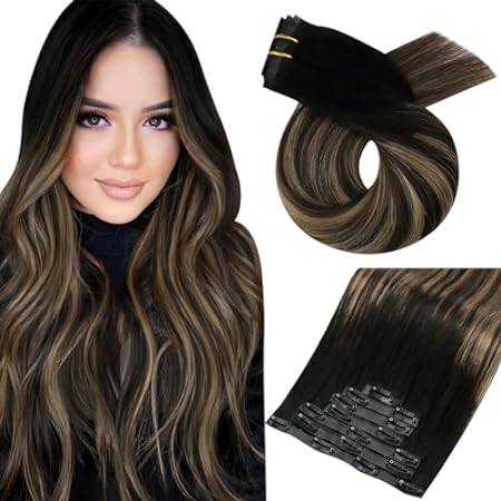 Moresoo Clip in Hair Extensions Seamless Balayage Black t