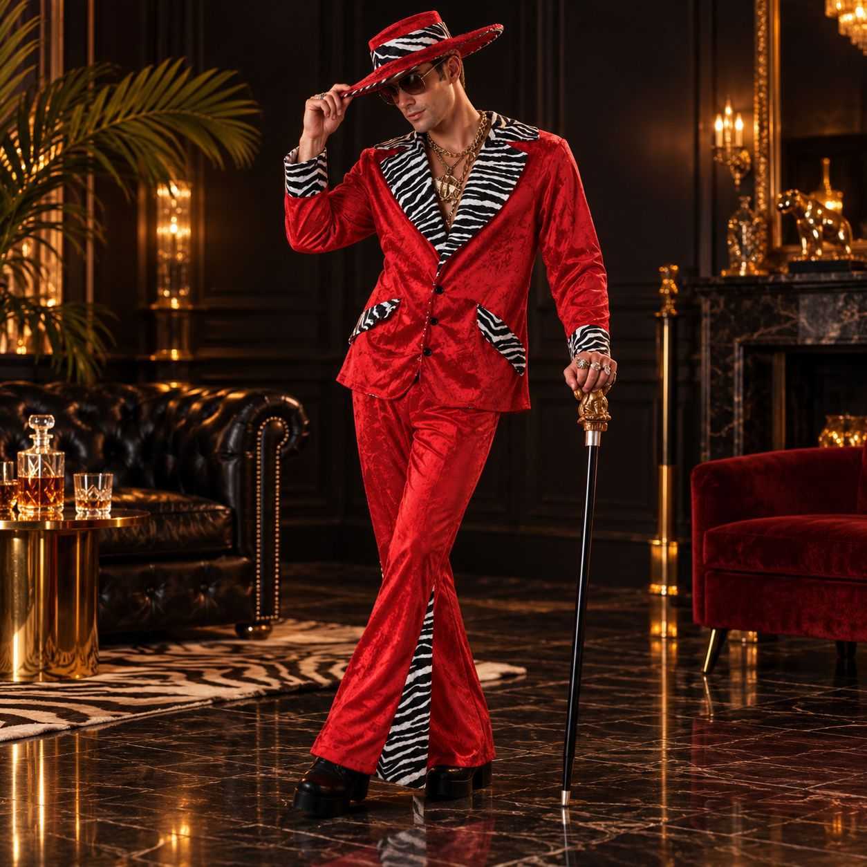 红色皮条客男士cos套装 复古派对西装礼服万圣节化妆舞会扮演服装