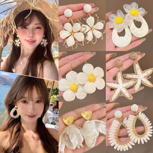 草编太阳花朵度假耳环女