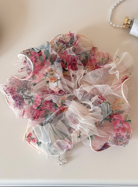 泡泡花园~粉色碎花网纱大肠发圈女高级感重工发绳丸子头超大头饰