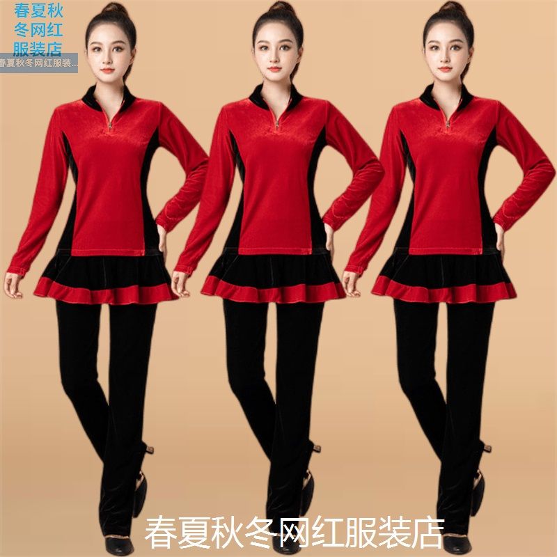 新款广场舞服装金丝绒套装秋冬新款拼接运动健身加厚舞蹈服裙裤女