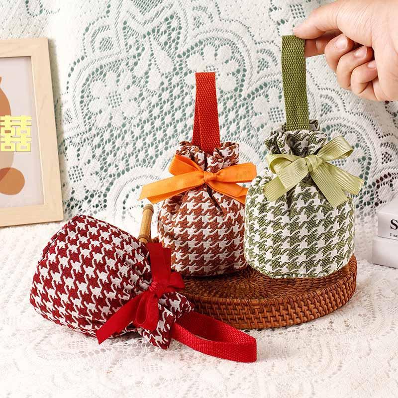 千鸟格手提袋森系婚礼喜糖袋新款小众ins风伴手礼糖果袋子免折叠
