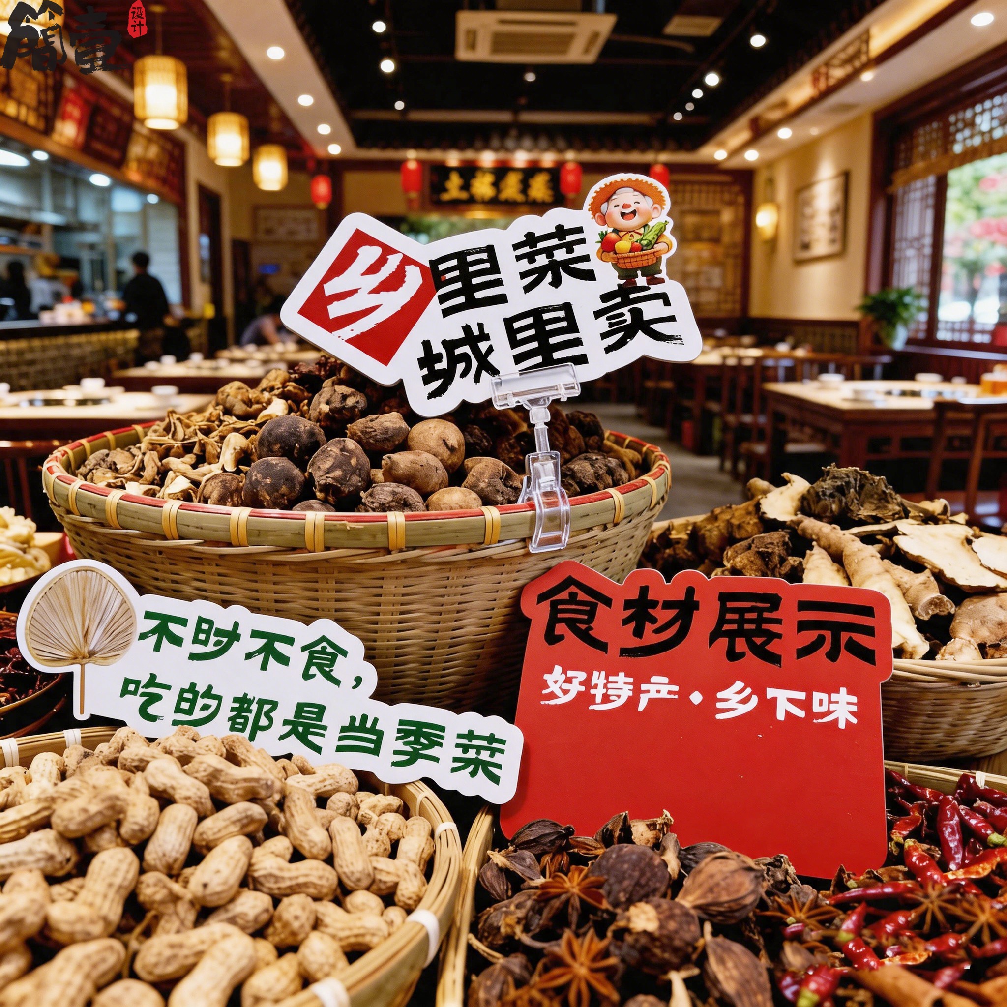 乡野土菜馆餐饮店山里农家食材展示情景氛围布置展示广告创意牌