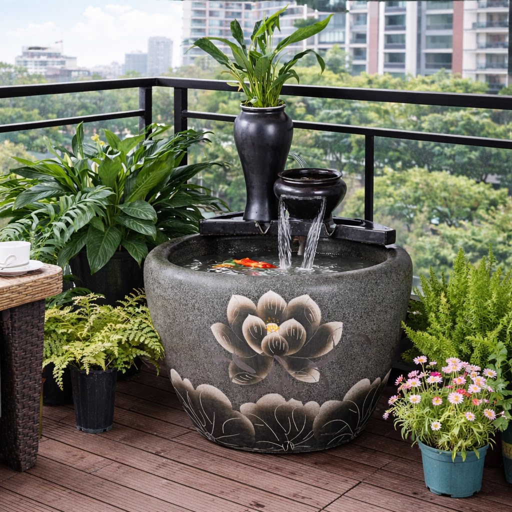 生态缸古法鱼缸客厅阳台金鱼缸瀑布循环流水造景过滤增氧老式水缸