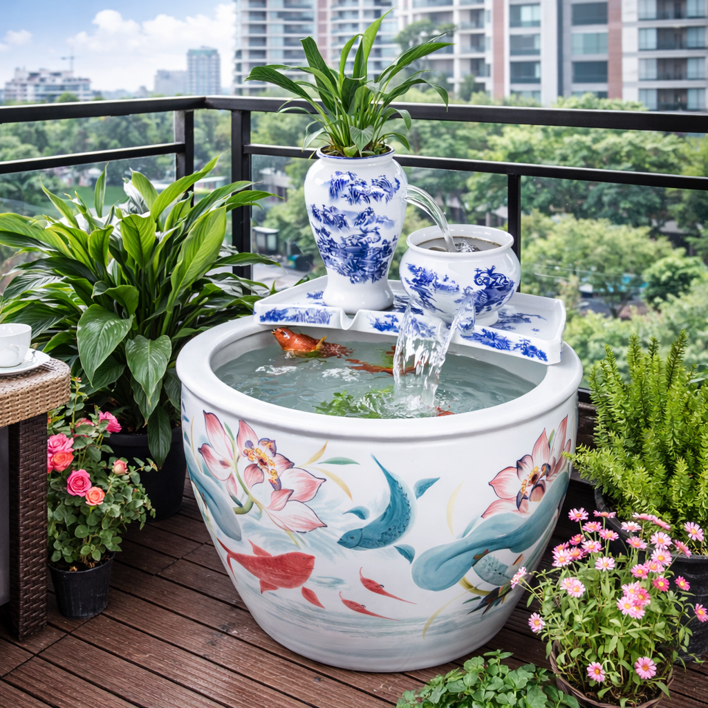 青花瓷水缸生态古法鱼缸客厅阳台金鱼缸瀑布循环流水造景过滤增氧